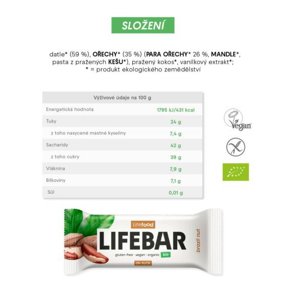 Lifebar Brazil nuts organic bar RAW 40 g   BIO LIFEFOOD