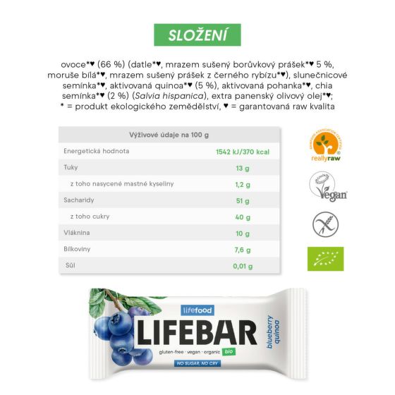 Lifebar blueberry bar with quinoa RAW organic 40 g   LIFEFOOD