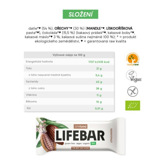 Lifebar chocolate organic bar RAW 40 g   LIFEFOOD